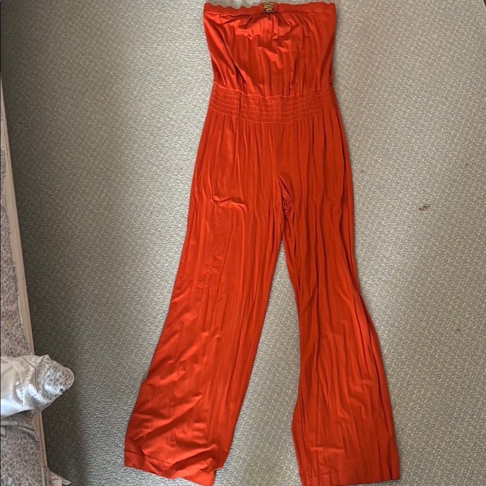 Trina Turk Orange Strapless Jumpsuit with Wide-Leg Silhouette
